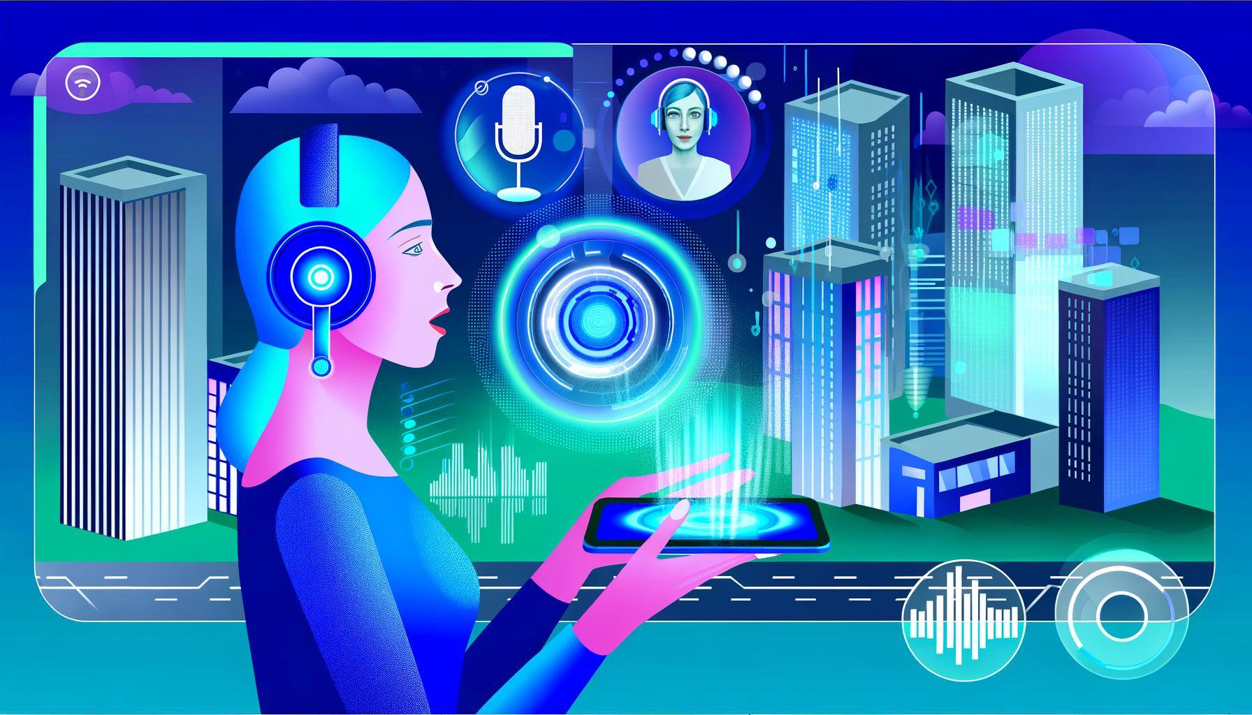 An illustration of a futuristic digital city where a Caucasian female is using a portable device with a holographic screen. In the background, you see